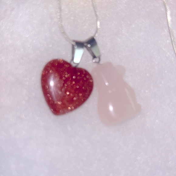 Boho Hippie Rose Quartz Crystal Dog and Goldstone Heart Silver 16” Necklace - Picture 2 of 6